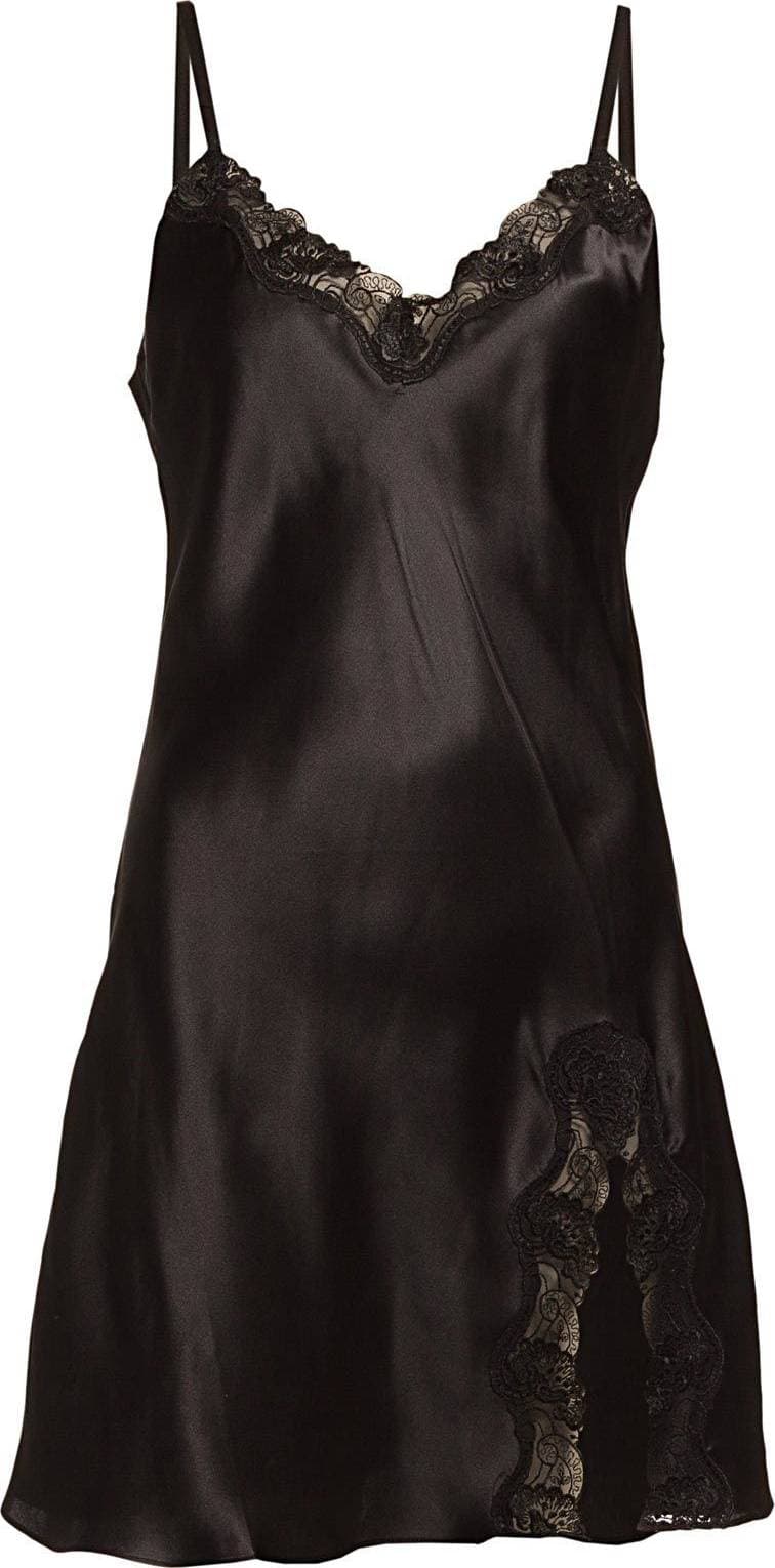 Lady Avenue Pure Silk Slip With Lace Nightgown - Black