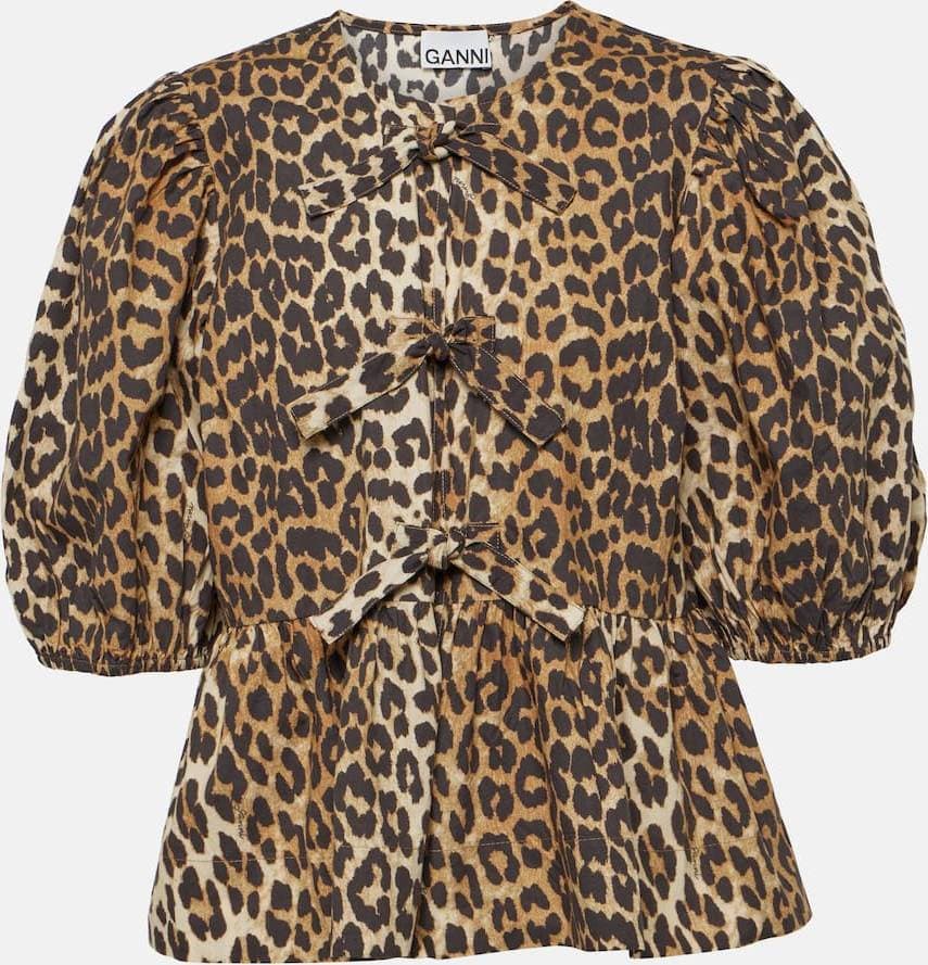 Ganni Printed Cotton Poplin Peplum Blouse - Leopard