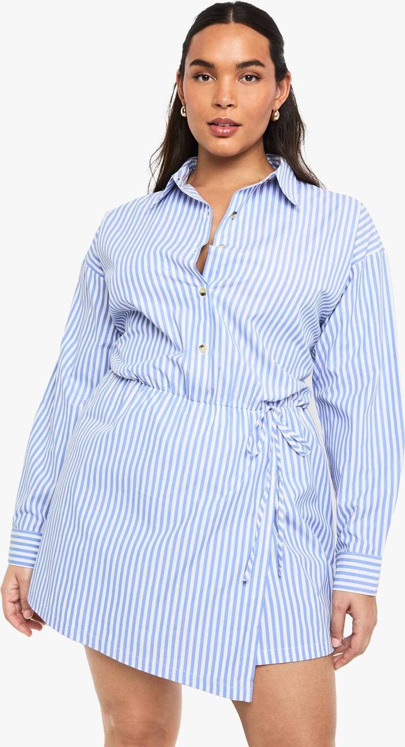 boohoo Dam Plus Randig Omslagskjortklänning - Blue