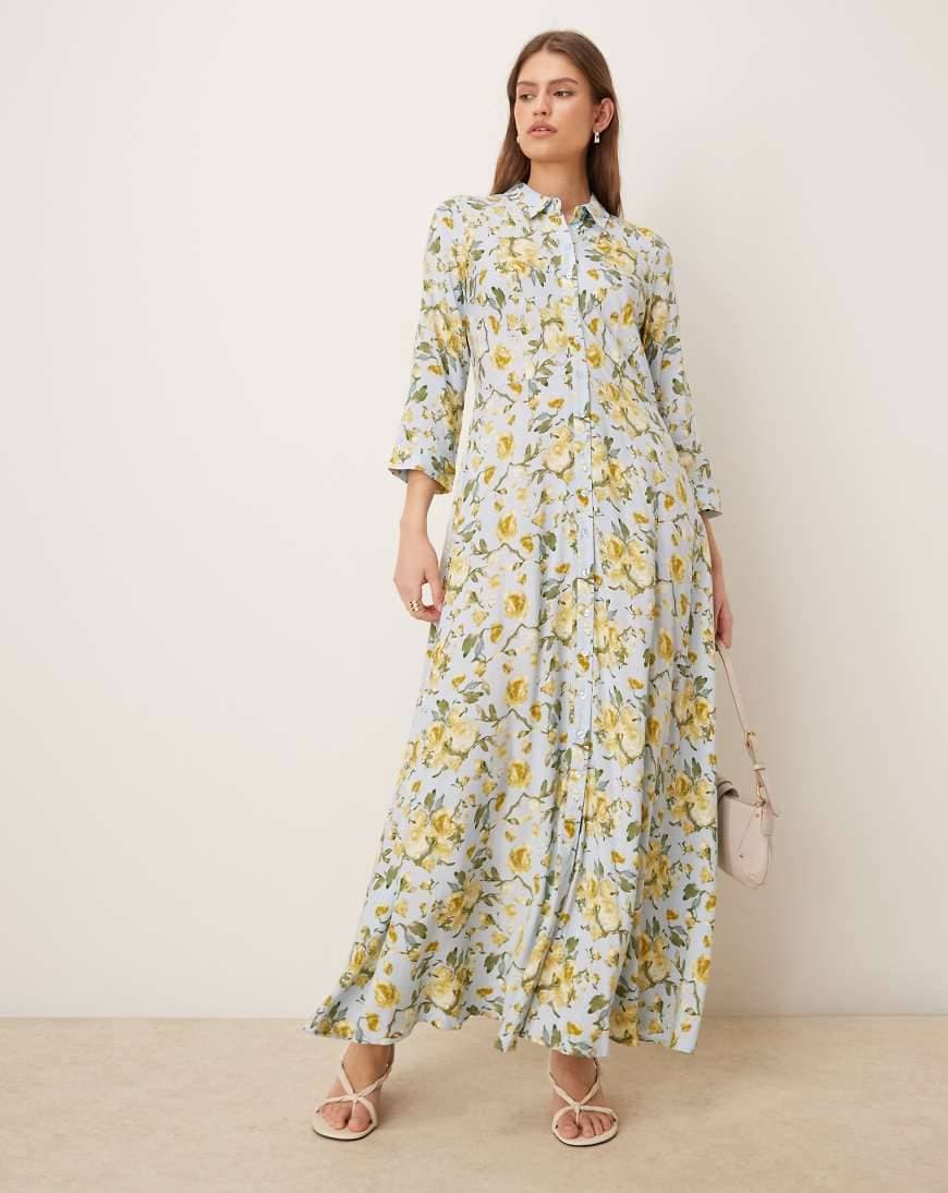 Yas Blommig Skjortklänning Maxilängd - Gul