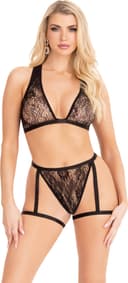 Leg Avenue Lace Bra Top And Panty With Garters - Black