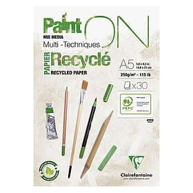 Clairefontaine Paint ON Mixed Media Multi Techniques Recyclé – kraftigt A5-block 30 ark tillverkat av återvunnet papper