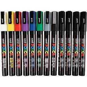 Posca Marker Set Mixade färger Svart, PC-3M spets 0,9-1,3 mm 12p