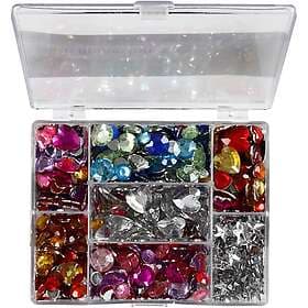 Silver Rhinestones i ask, runda, stjärnor, hjärtan, Dia. 6+7+9+10+11+12+14+16 mm, blå, rosa, , 300 st./ 1 förp.