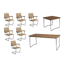 Grythyttan Stålmöbler B31 matgrupp Teak/galvat 6 fåtöljer, bord 84 x 92 cm & bord 170 x 92 cm