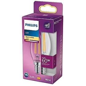 Philips Classic LED-ljuskälla, 60W, E14, B35, Klart glas, varmvitt ljus, 2700 kelvin, 15 000 timmar, Ejdimbar