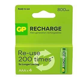 GP Batteries Recharge Rechargeable Battery, Size AAA, 800 mAh, 4-pack