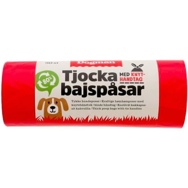 Dogman Extra Tjocka Bajspåsar med Knythandtag Röd 50-pack