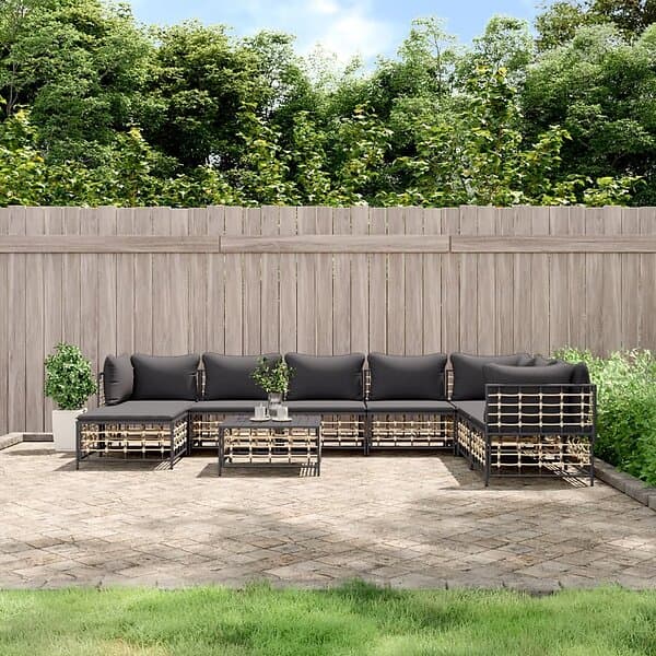 vidaXL Loungegrupp 9 delar med dynor antracit konstrotting 3186793