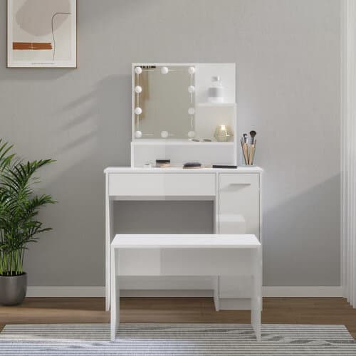 vidaXL Sminkbord LED vit högglans konstruerat trä 3114119
