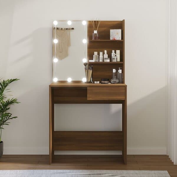 vidaXL Sminkbord med LED brun ek 74,5x40x141 cm 820483