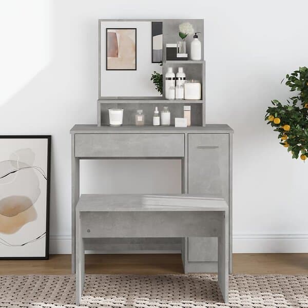 vidaXL Sminkbord med spegel betonggrå 86,5x35x136 cm 802961