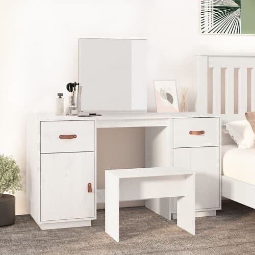 vidaXL Sminkbord med spegel vit massiv furu 3107835