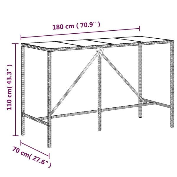 vidaXL Barbord med glasskiva brun 180x70x110 cm konstrotting 362590