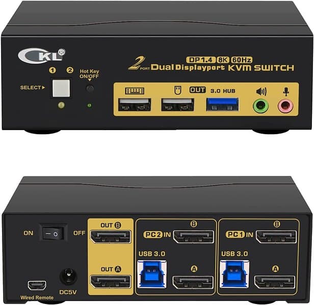CKL KVM 2x2 DP Switch Dual Monitor Displayport1.4 8K60Hz 4K144Hz med 2xaudio och 3xUSB-A