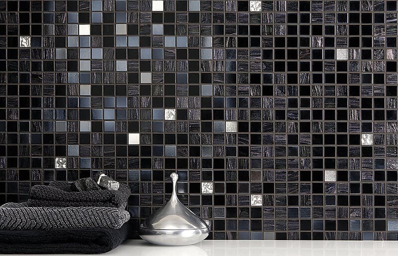 Mosaic Sweden A1229 Glasmosaik Mix svart, metall, svartglitter vita guldbitar