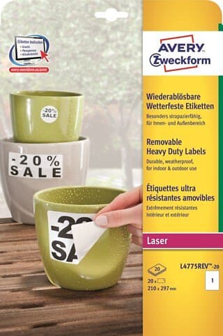 Avery Laseretikett L4775 Avtagbara Vit 210x297mm