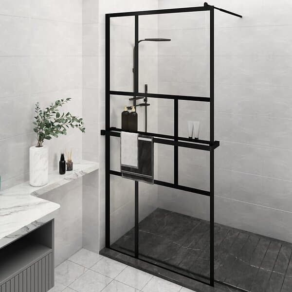 vidaXL Duschvägg med hylla svart 115x195 cm ESG-glas&aluminium 3185480