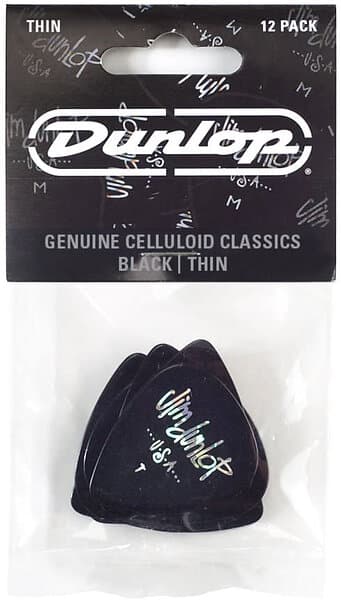 Jim Dunlop 483P03TH Genuine Celluloid Black Picks (Thin) 12/PLYPK
