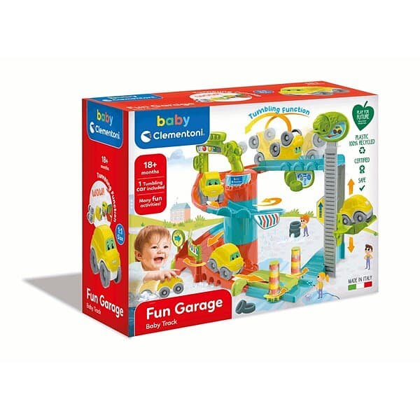 Clementoni Baby Fun Garage bilgarage med många roliga aktiviteter i 100% återvunnen plast