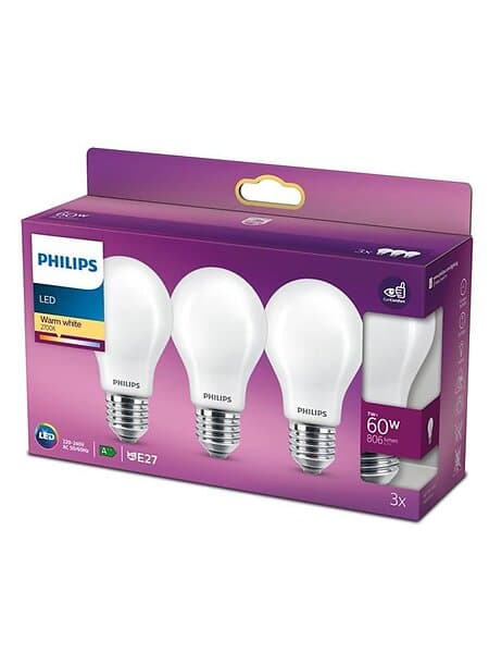 Philips Klassisk LED-standard 7W 827, 806 lumen, E27, matt, (3-pack)