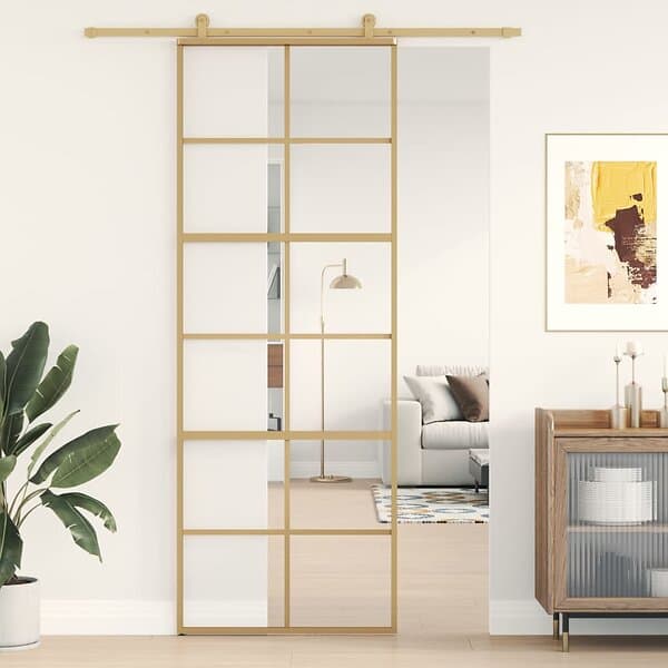 vidaXL Skjutdörr guld 76x205 cm klart ESG-glas och aluminium 155166