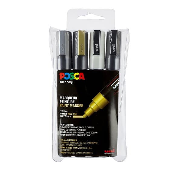 Posca PC-5M 4-pack – silver guld svart vit