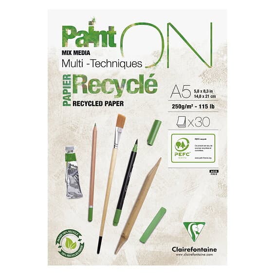 Clairefontaine Paint ON Mixed Media Multi Techniques Recyclé – kraftigt A5-block 30 ark tillverkat av återvunnet papper