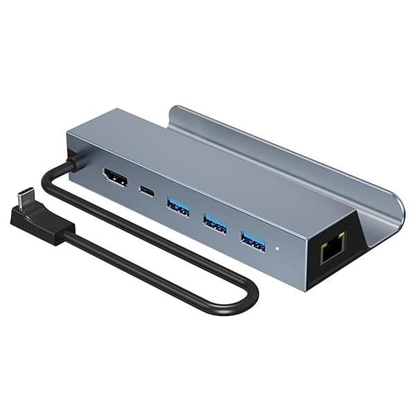 NÖRDIC USB-C 1 to 6 Dockningsstation frr Steam Deck HDMI 2.0 4k60Hz RJ45 USB-A 3.0 5 Gbps 100W USB-C PD