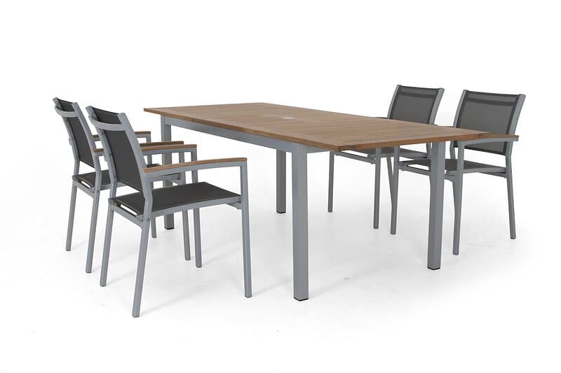 Selected Exclusive Twin matgrupp Silver/silver med teak 4 karmstolar & bord 160-220x90 cm