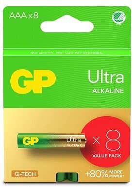 GP Batteries Ultra Alkaline Battery, Size AAA, 24AU/LR03, 1,5V, 8-pack