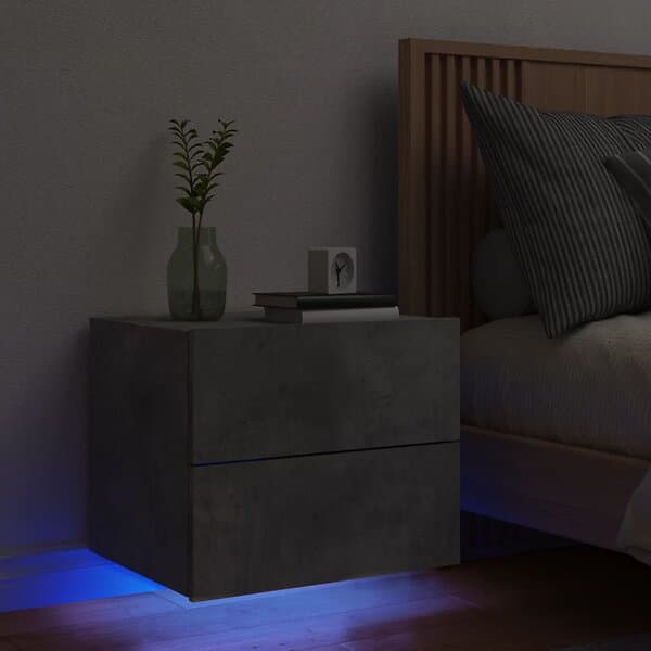 vidaXL Väggmonterat sängbord med LED-lampor betonggrå 836818