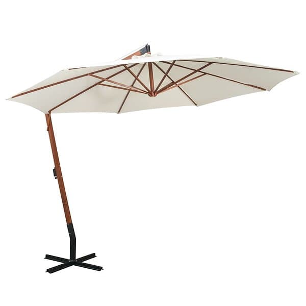 vidaXL Hängande parasoll 350 cm trästång vit 42966