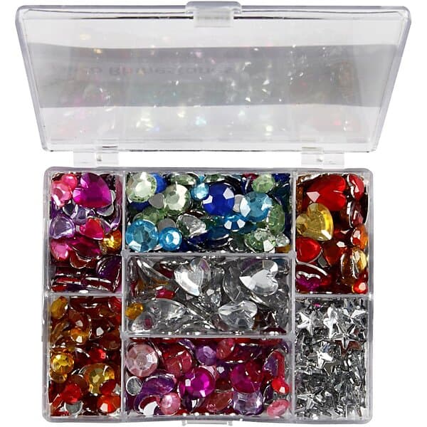 Silver Rhinestones i ask, runda, stjärnor, hjärtan, Dia. 6+7+9+10+11+12+14+16 mm, blå, rosa, , 300 st./ 1 förp.