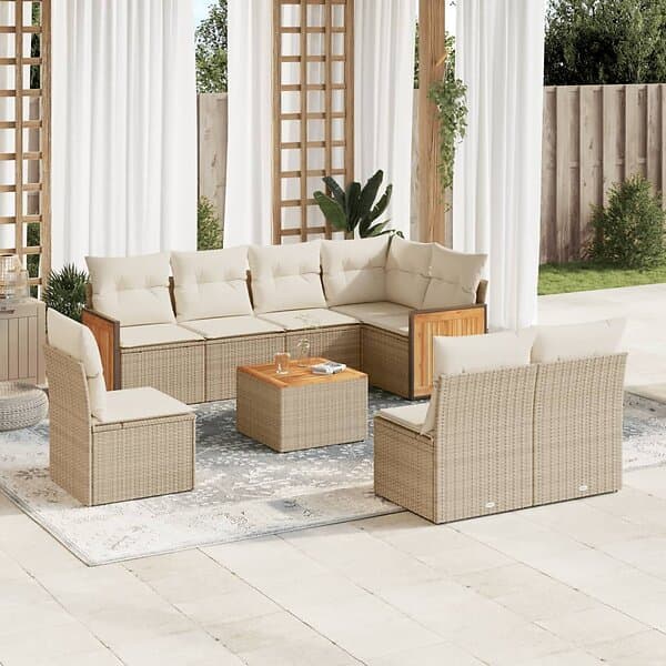 vidaXL Soffgrupp för trädgården med dynor 9 delar beige konstrotting 3227731