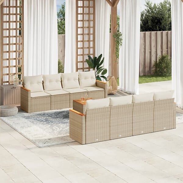 vidaXL Soffgrupp för trädgården med dynor 9 delar beige konstrotting 3258222