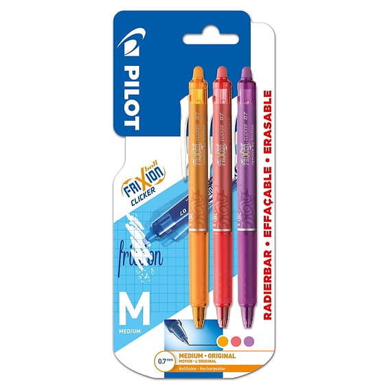 Pilot Frixion Clicker 0,7 mm 3-pack, pennkropp & bläck i 3 färger – apricot, peach & purple