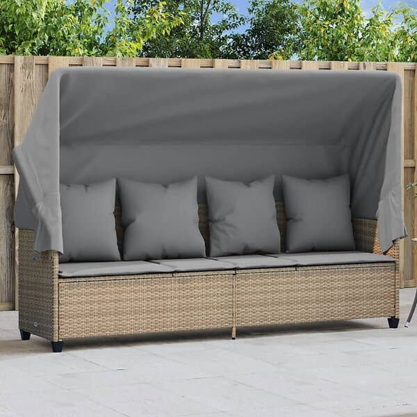 vidaXL Solsäng med tak och dynor beige konstrotting 368356