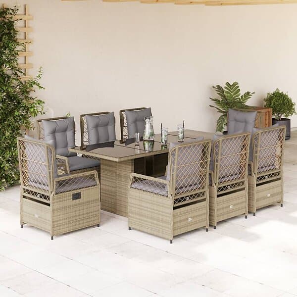 vidaXL Matgrupp för trädgården med dynor 9 delar beige konstrotting 3262933