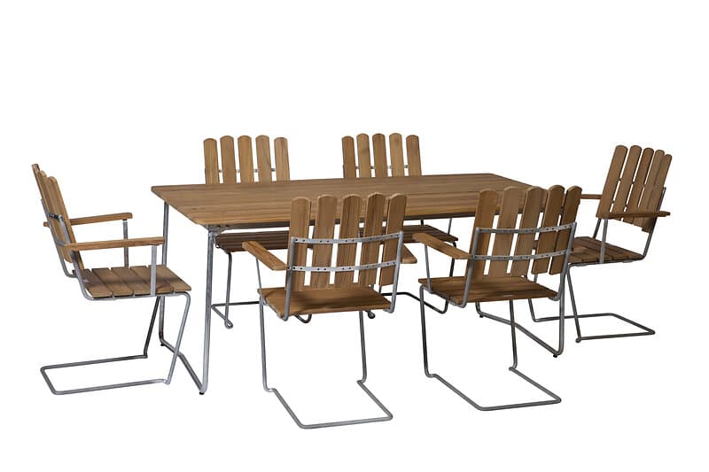 Grythyttan Stålmöbler B31 matgrupp Teak/galvat 6 fåtöljer & bord 170 x 92 cm