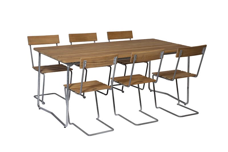 Grythyttan Stålmöbler B31 matgrupp Teak/galvat 6 stolar & bord 170 x 92 cm