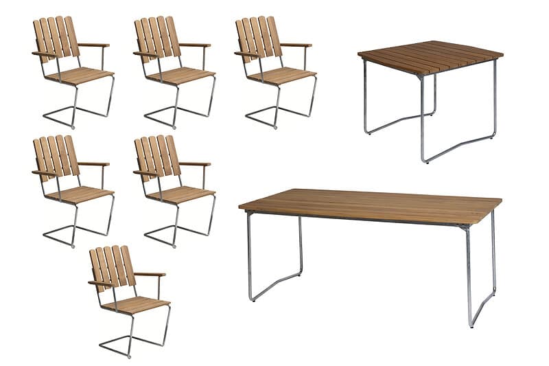 Grythyttan Stålmöbler B31 matgrupp Teak/galvat 6 fåtöljer, bord 84 x 92 cm & bord 170 x 92 cm