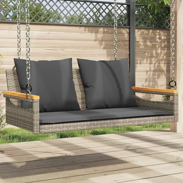 vidaXL Gungbänk med dynor grå 109x62x40 cm konstrotting 368147