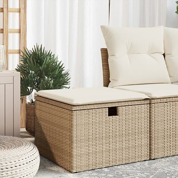 vidaXL Trädgårdspall med dyna beige 55x55x37 cm konstrotting 366056