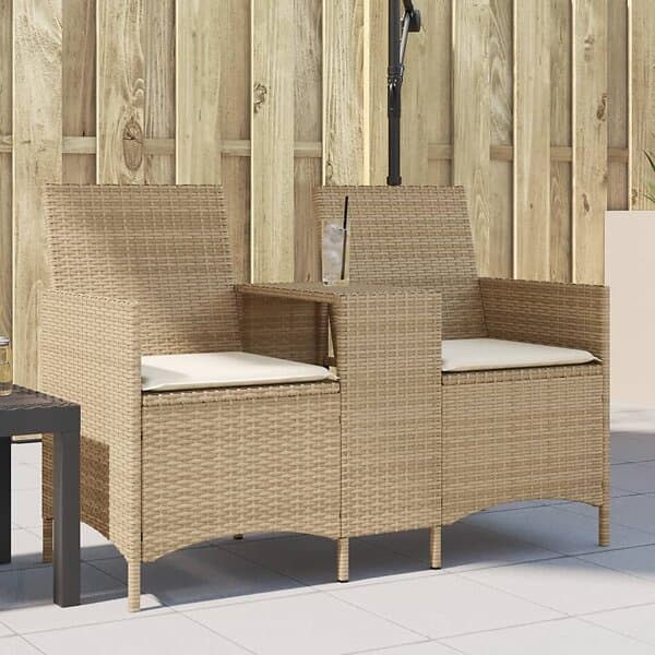 vidaXL Trädgårdssoffa 2-sits med bord och dynor konstrotting beige 4003888