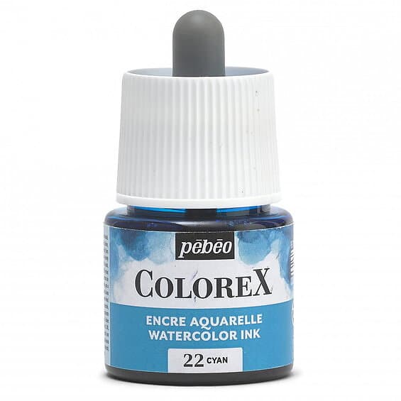 Pebeo Colorex Watercolor Ink 45ml Cyan – burk med akvarellbläck och pipett