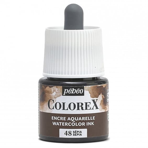 Pebeo Colorex Watercolor Ink 45ml Sepia – burk med akvarellbläck och pipett