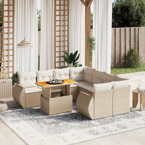 vidaXL Soffgrupp för trädgården med dynor 9 delar beige konstrotting