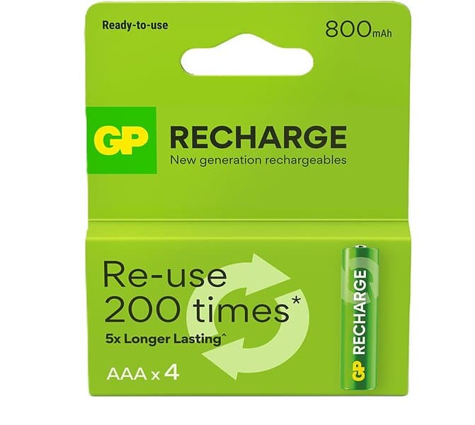 GP Batteries Recharge Rechargeable Battery, Size AAA, 800 mAh, 4-pack