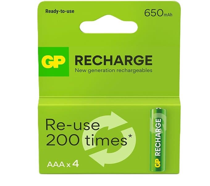 GP Batteries Recharge Rechargeable Battery, Size AAA, 650 mAh, 4-pack